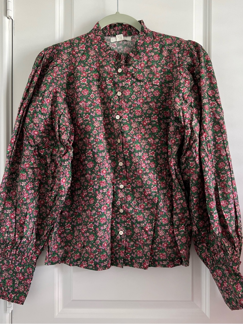 Doen Pink and Green Floral Puff Sleeve Button-Front Blouse